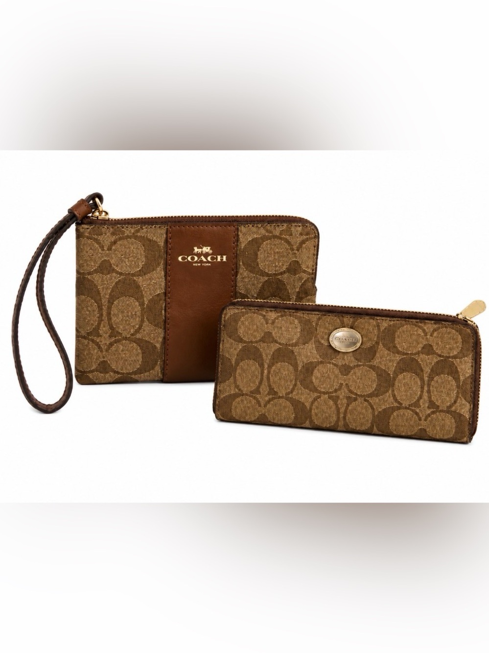 ✨ COACH Signature Canvas Wristlet & Zip Wallet Duo Set Brown Tan Bundle ✨
